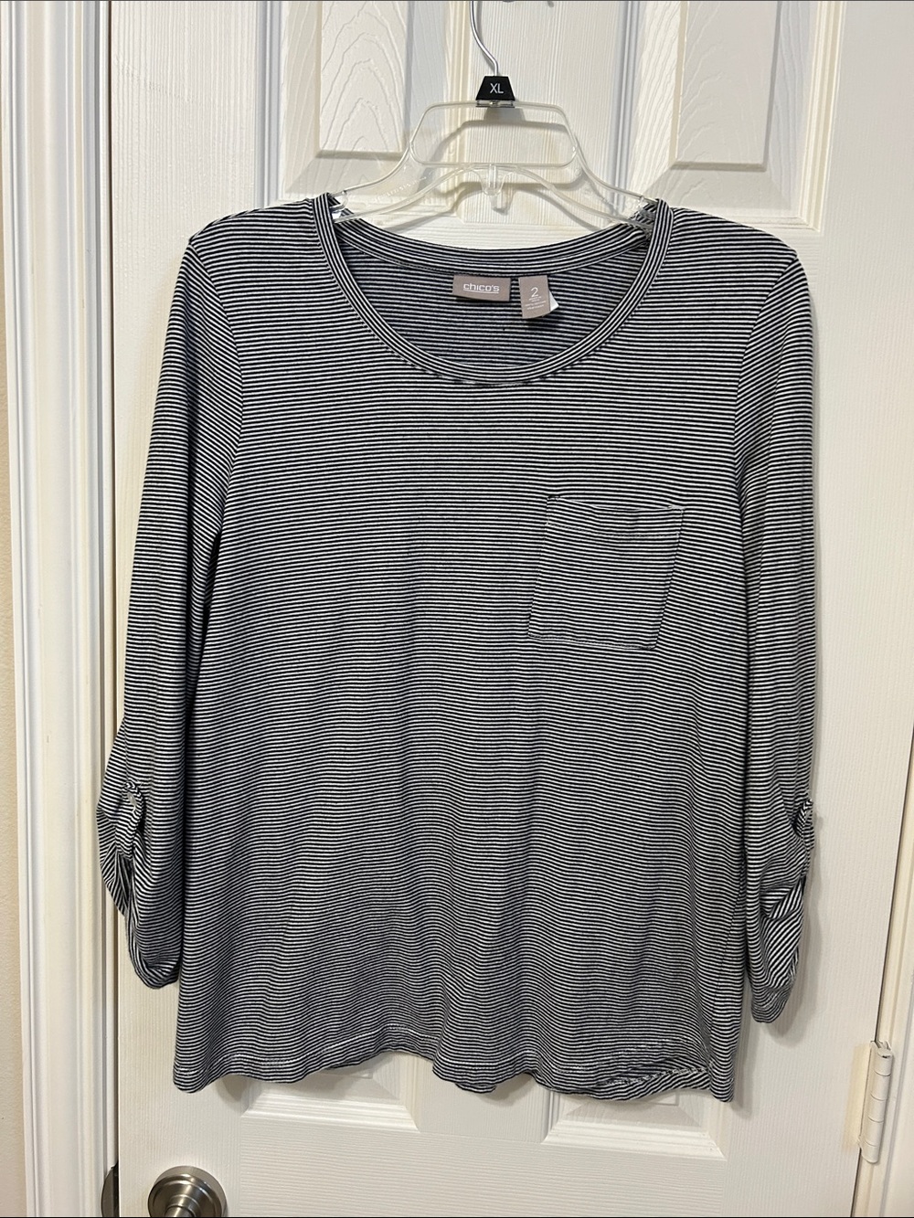 Chico's Black and White Striped Long-Sleeve Pocket Tee